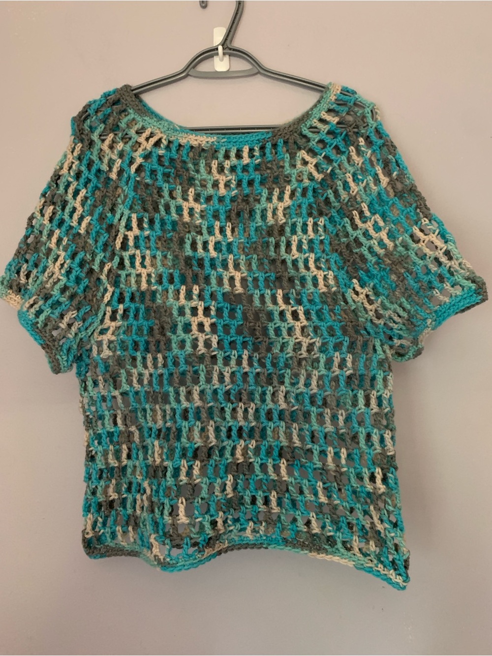 Handmade Open-Weave Crochet Top in Teal, Gray & Cream